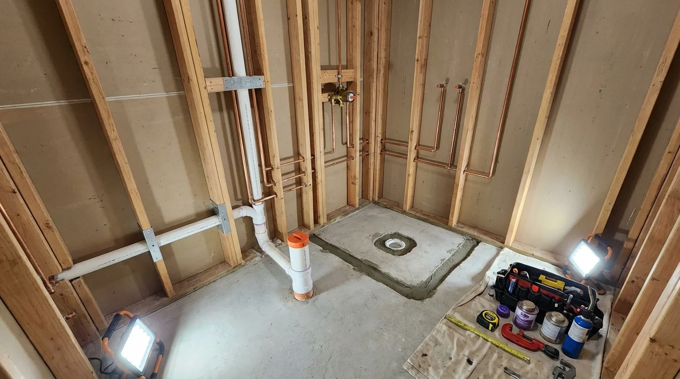 Bathroom rough-in plumbing during remodel by Johns Plumbing LLC in Lakota