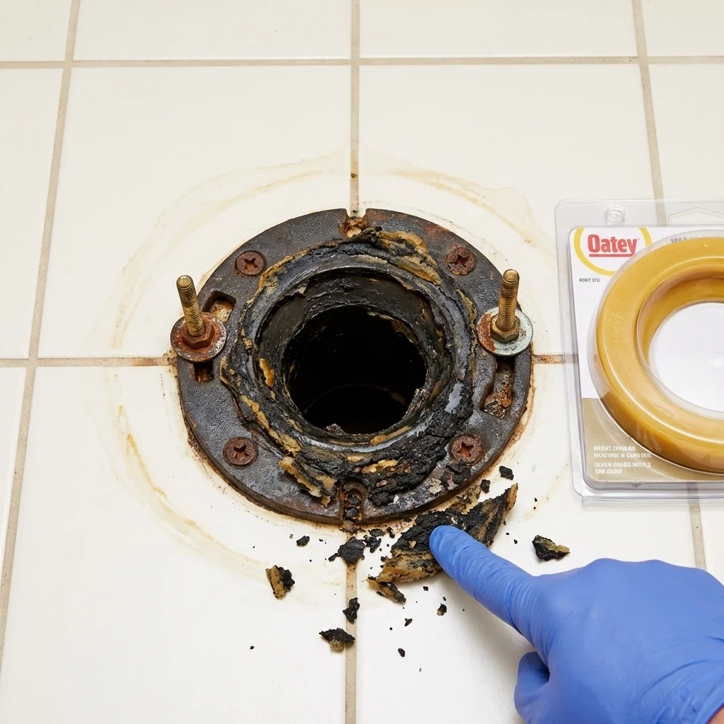 Failed wax ring showing water seepage at the base of a toilet in a Lakota, ND home