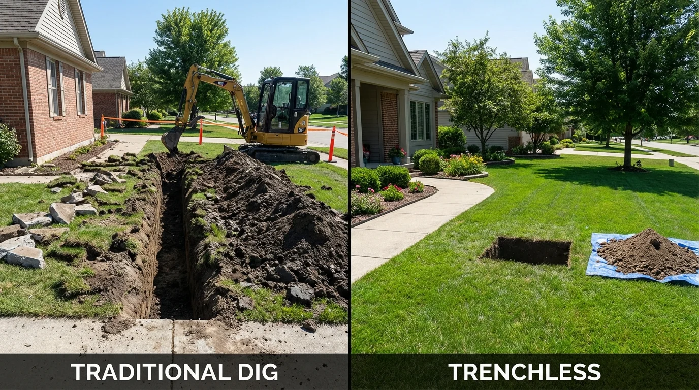 Trenchless sewer repair with minimal yard damage versus traditional excavation in Lakota, ND