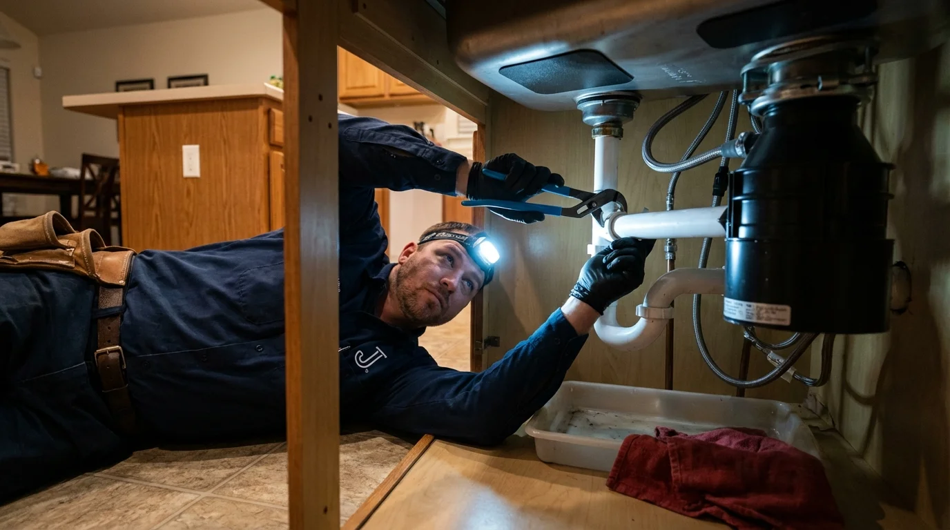 P-trap and supply line connections under a kitchen sink showing a common leak point in Lakota, ND